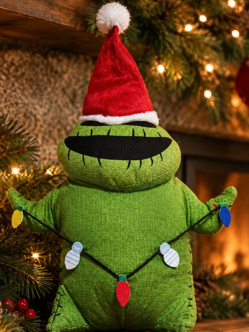 Disney Green Oogie Boogie Plush with Red Santa Hat and Colorful Felt Lights